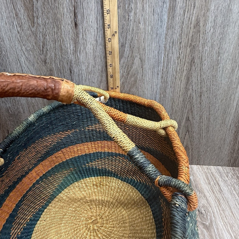 Woven African Bolga Ghana Market Basket Large Leather Handle - Picture 16 of 16